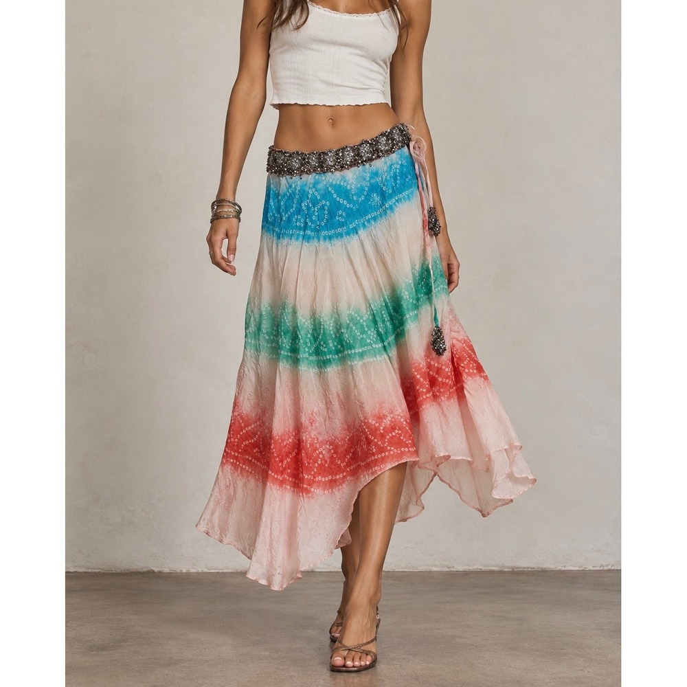 MISS ME Vintage Y2K 100% Silk Sequin Beaded Boho Midi Skirt
